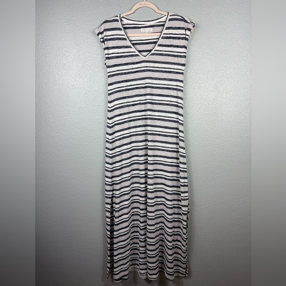 Lou & Grey For Loft V-neck Black White Striped Tee Maxi Dress LightWeight XS - Picture 2 of 11